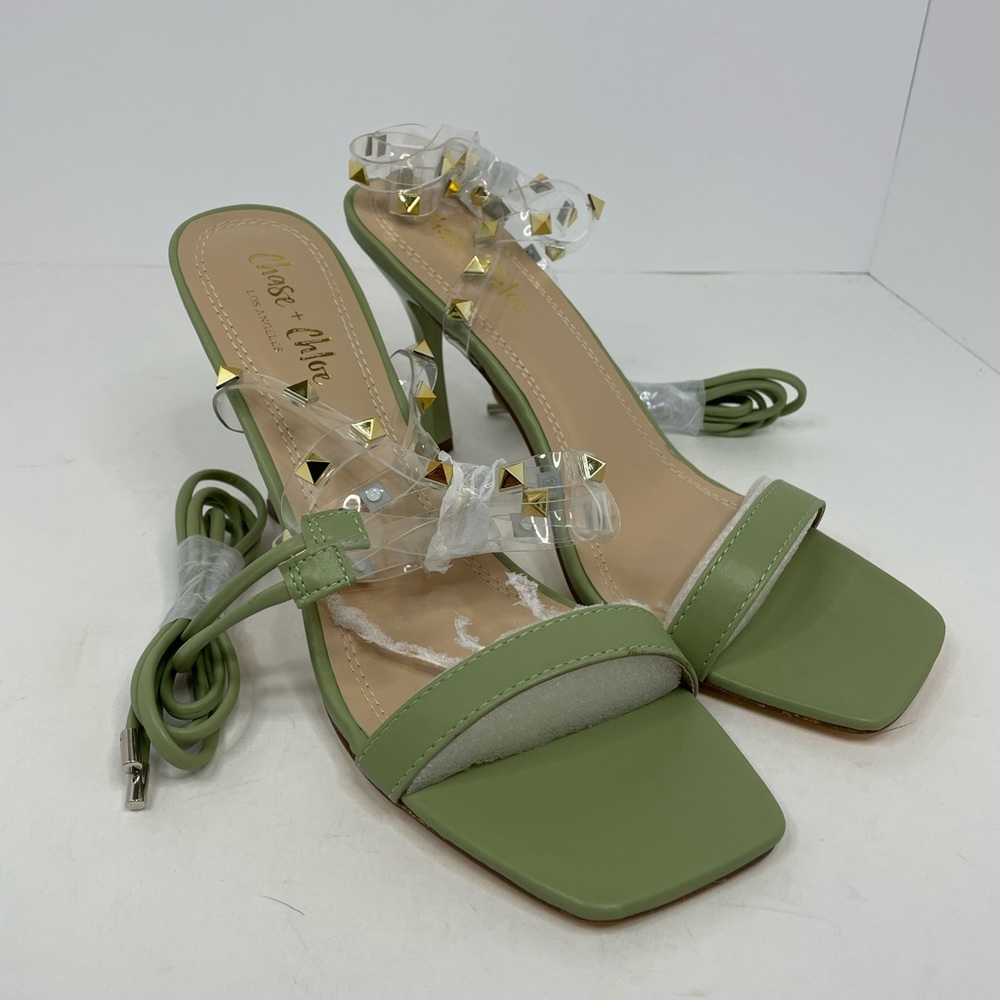 New Women’s Chase + Chloe Sage Green Strappy Gold Studded Heels Size 11